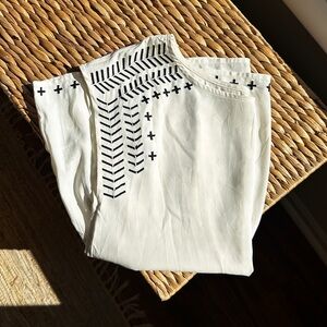 Peplum Ivory Top with Navy Geometric Design